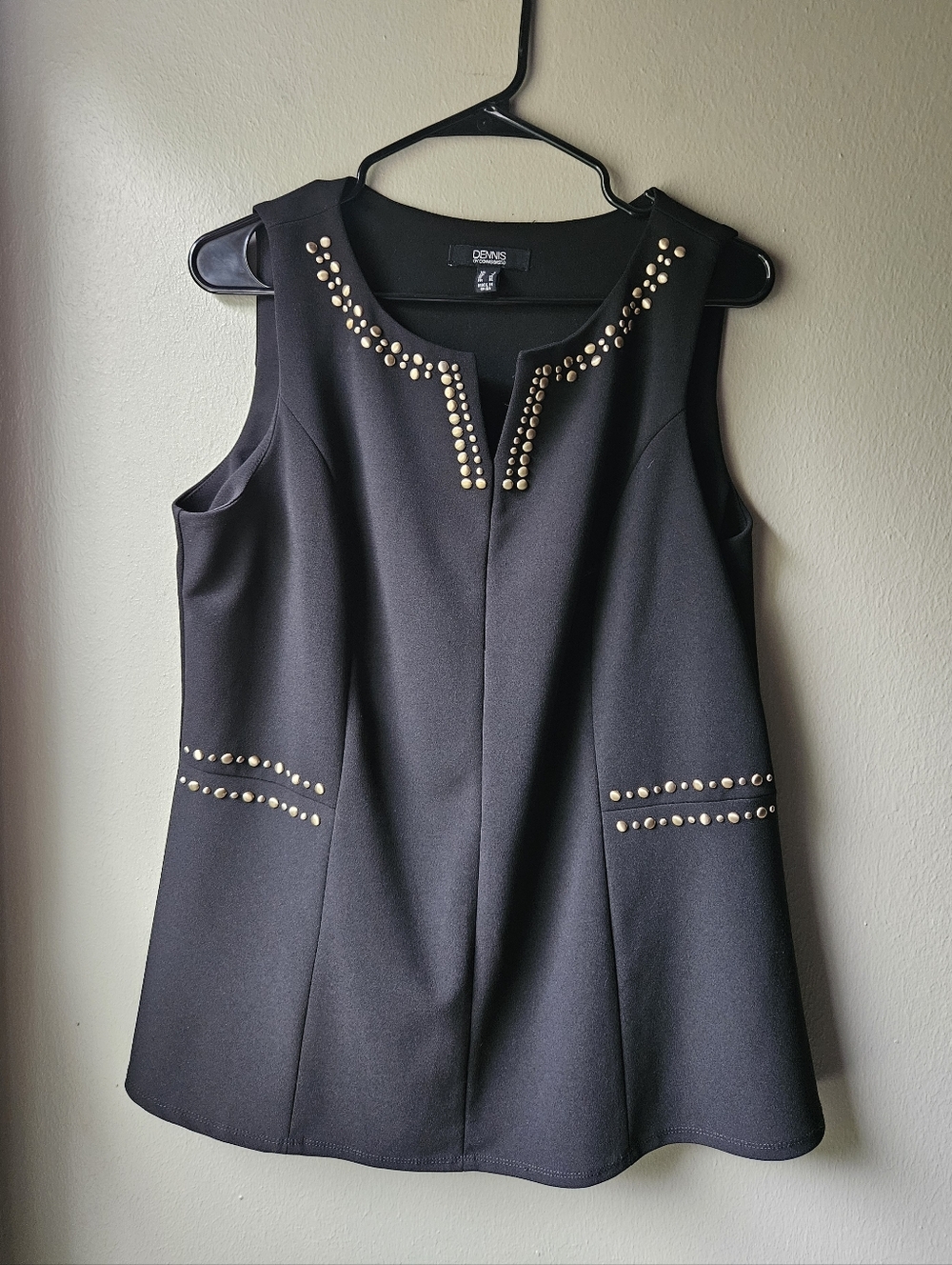 Dennis Basso Black Sleeveless Top with Gold Stud Accents Large